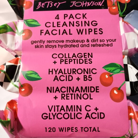Betsey Johnson Skincare Cleansing Facial Wipes Niacinamide & Retinol 4 Pack NEW - Picture 2 of 5